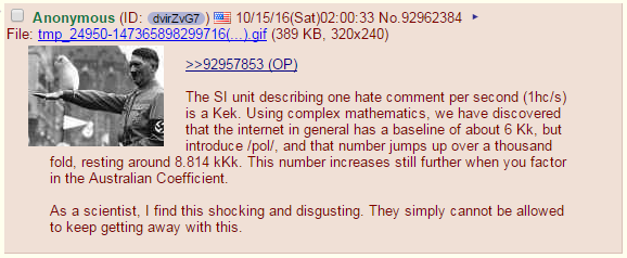 /pol/ took a particular liking to our measurements of raiding behavior on YouTube, deeming the hate comments per second metric worthy of becoming a SI unit. 