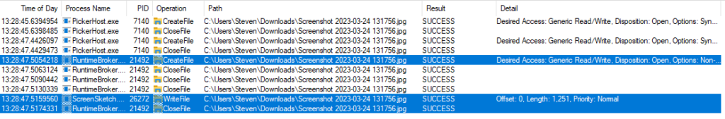 Screenshot of Process Monitor log showing a file written to without truncation