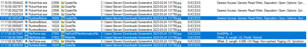 Process Monitor log showing a file being truncated then written to