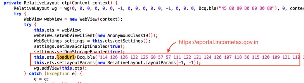 The malware loads the website of the Indian income tax department.