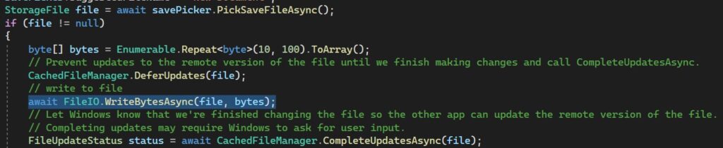 Example code using FileIO.WriteBytesAsync()